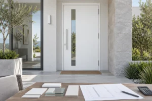 White RGNL-100 style aluminum entry door with glass and finish samples, illustrative application scene