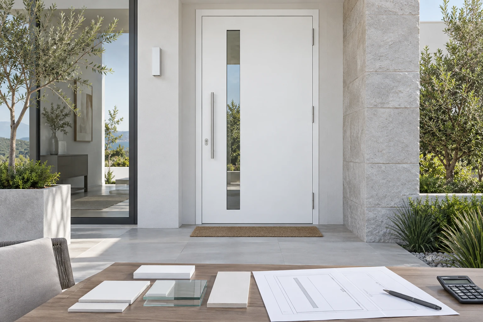 RGNL-100 White Aluminum Entry Door Quote Review Illustrative Scene White RGNL-100 style aluminum entry door with glass and finish samples, illustrative application scene