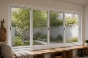 Illustrative application scene of a white RGNL-100 Series Sliding Window with four panels and alloy wire mesh