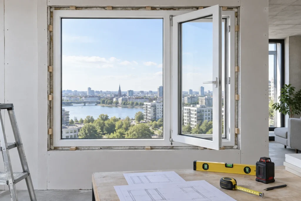 White RGNL-100P style casement window during installation review, illustrative application scene