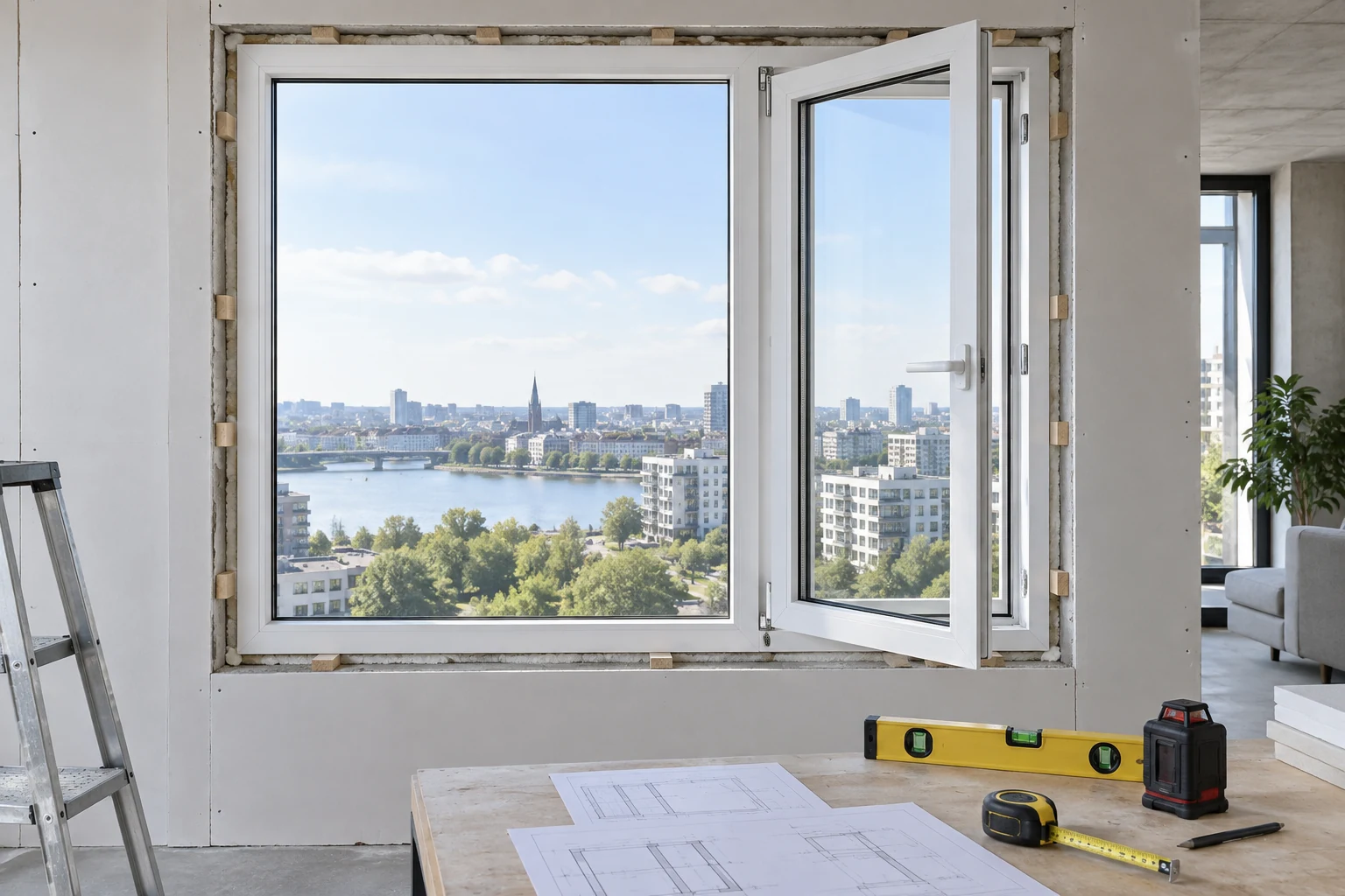 White RGNL-100P style casement window during installation review, illustrative application scene