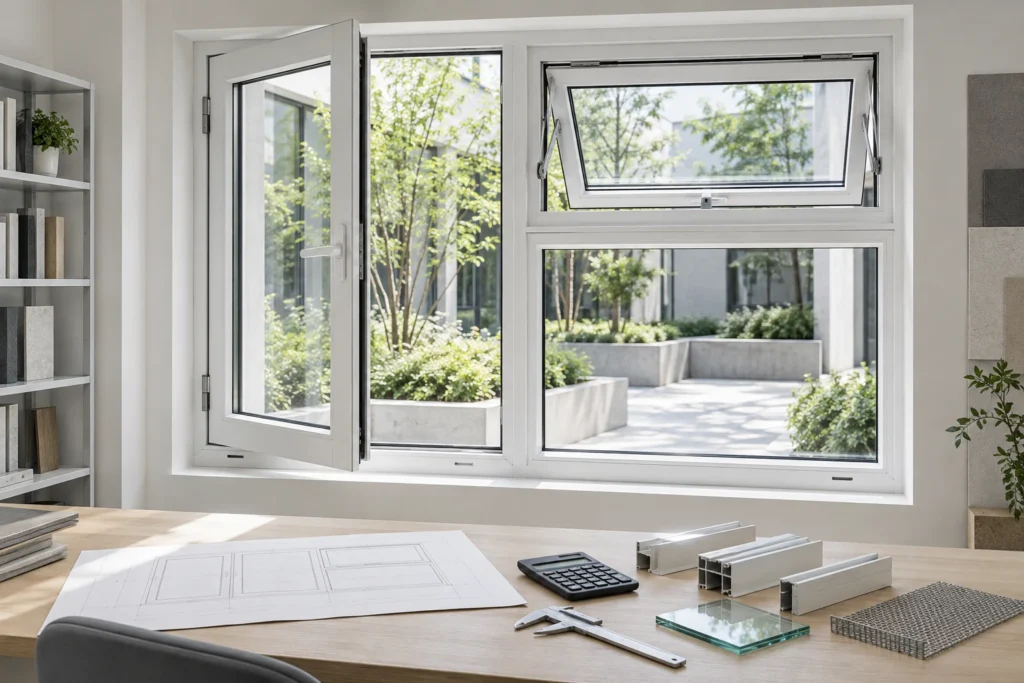 White RGNL-110 style outward and awning casement windows in a quotation review studio, illustrative application scene