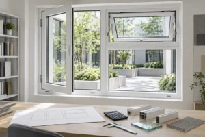 White RGNL-110 style outward and awning casement windows in a quotation review studio, illustrative application scene