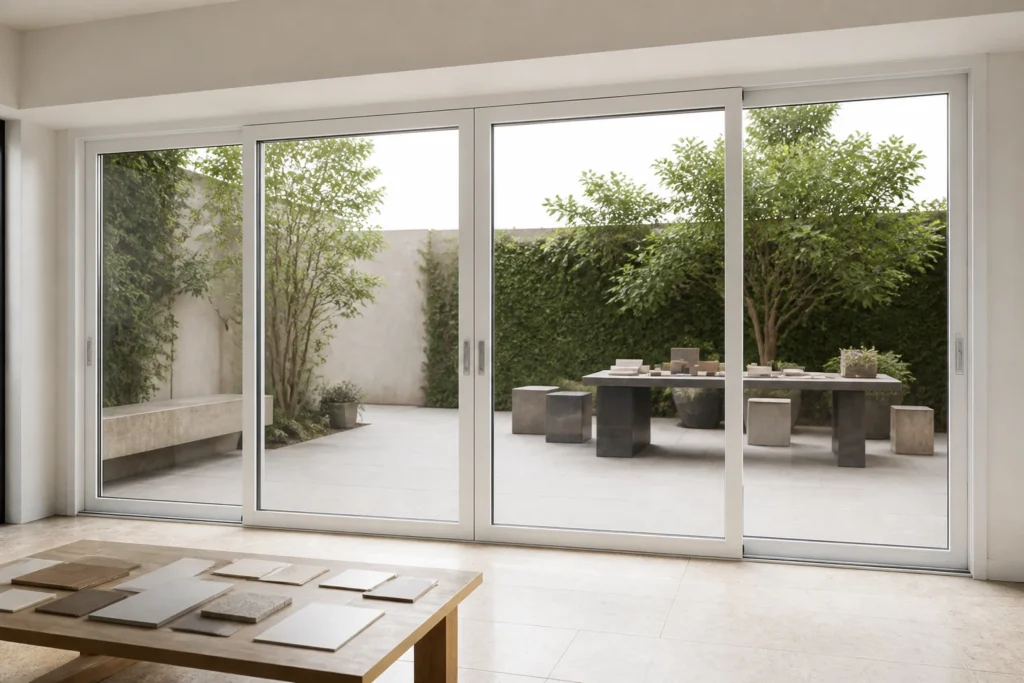 White RGNL-110-style sliding door in a finish review studio, illustrative application scene