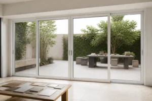 White RGNL-110-style sliding door in a finish review studio, illustrative application scene