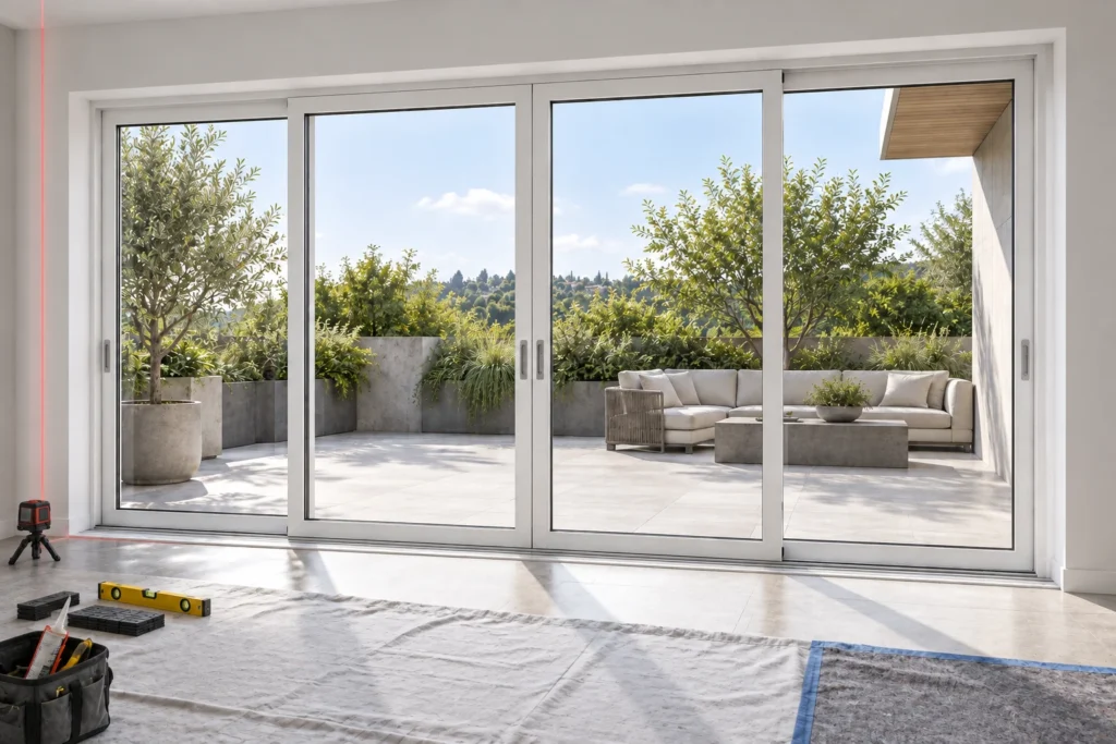 White RGNL-110-style sliding door during installation inspection, illustrative application scene