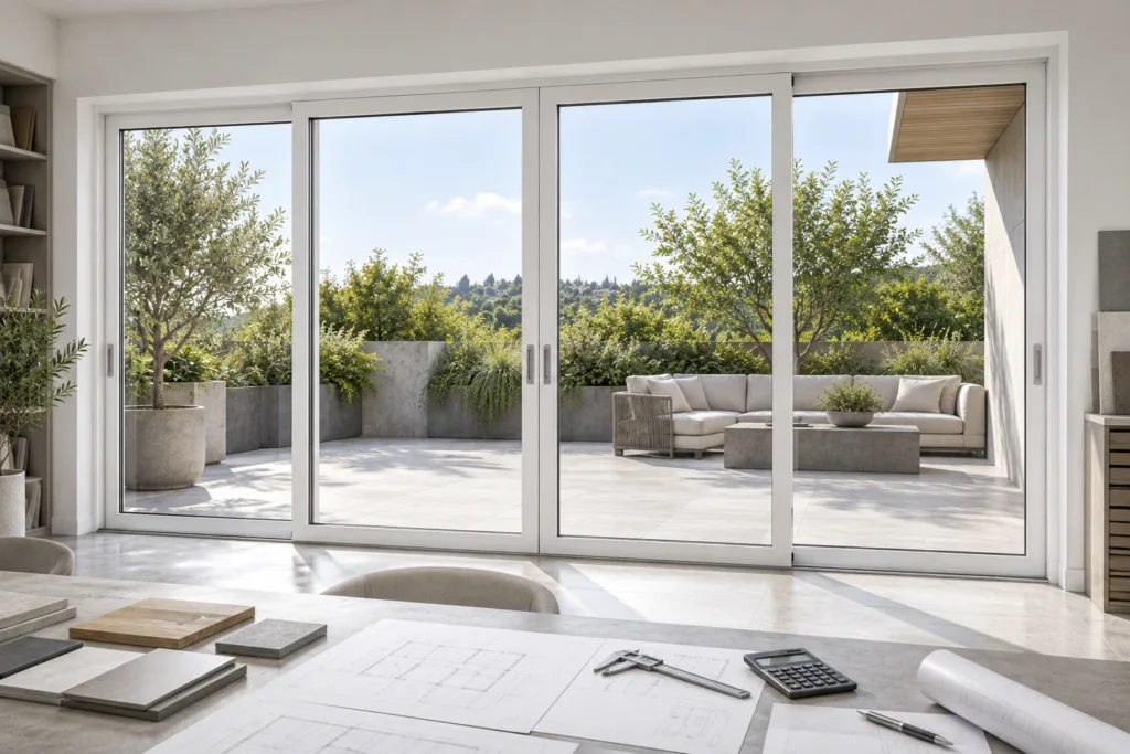 White RGNL-110-style sliding door in a quotation review studio, illustrative application scene