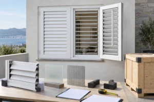 White RGNL-116 style aluminum louver shutter with samples and blank shipment records in an illustrative application scene