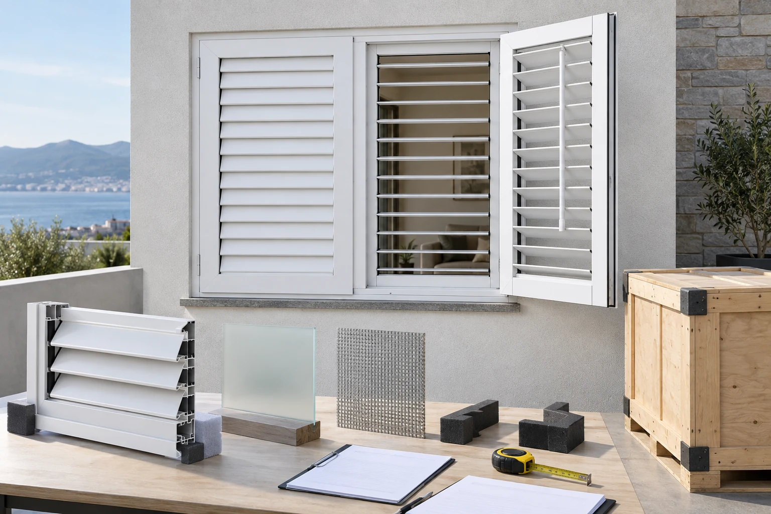 RGNL-116 White Aluminum Shutter Import Review Illustrative Scene White RGNL-116 style aluminum louver shutter with samples and blank shipment records in an illustrative application scene