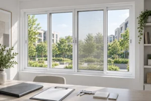 White RGNL-120 three-track sliding window in an illustrative import document review scene