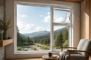 White RGNL-45-style awning casement window in a mountain reading room, illustrative application scene