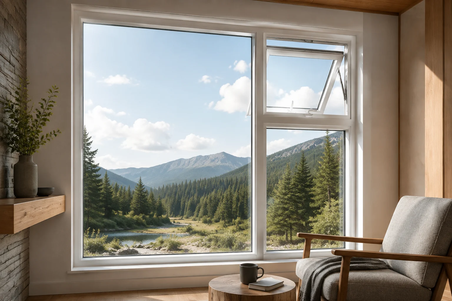 RGNL-45 White Awning Window Mountain Reading Room Illustrative Scene White RGNL-45-style awning casement window in a mountain reading room, illustrative application scene