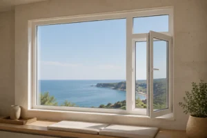 White RGNL-45-style casement window in a coastal lounge, illustrative application scene
