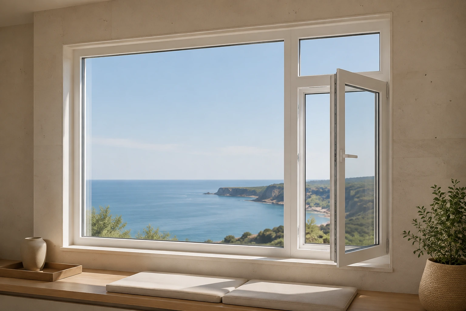 White RGNL-45-style casement window in a coastal lounge, illustrative application scene