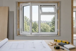 White RGNL-45 style casement and awning window in an installation drawing review, illustrative application scene