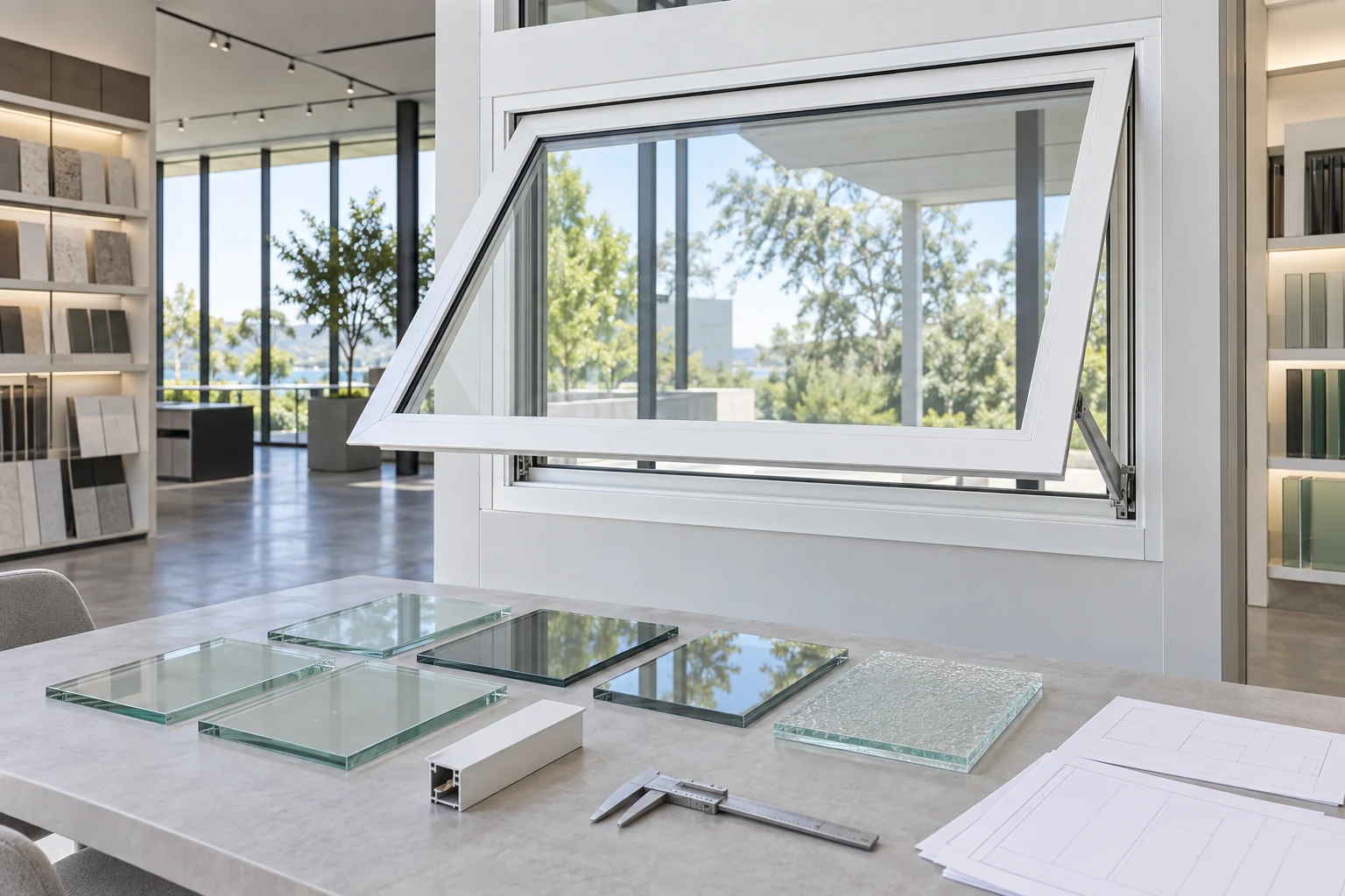 RGNL-60 White Awning Window Glass Review Illustrative Scene White RGNL-60 style awning casement window with glass samples, illustrative application scene