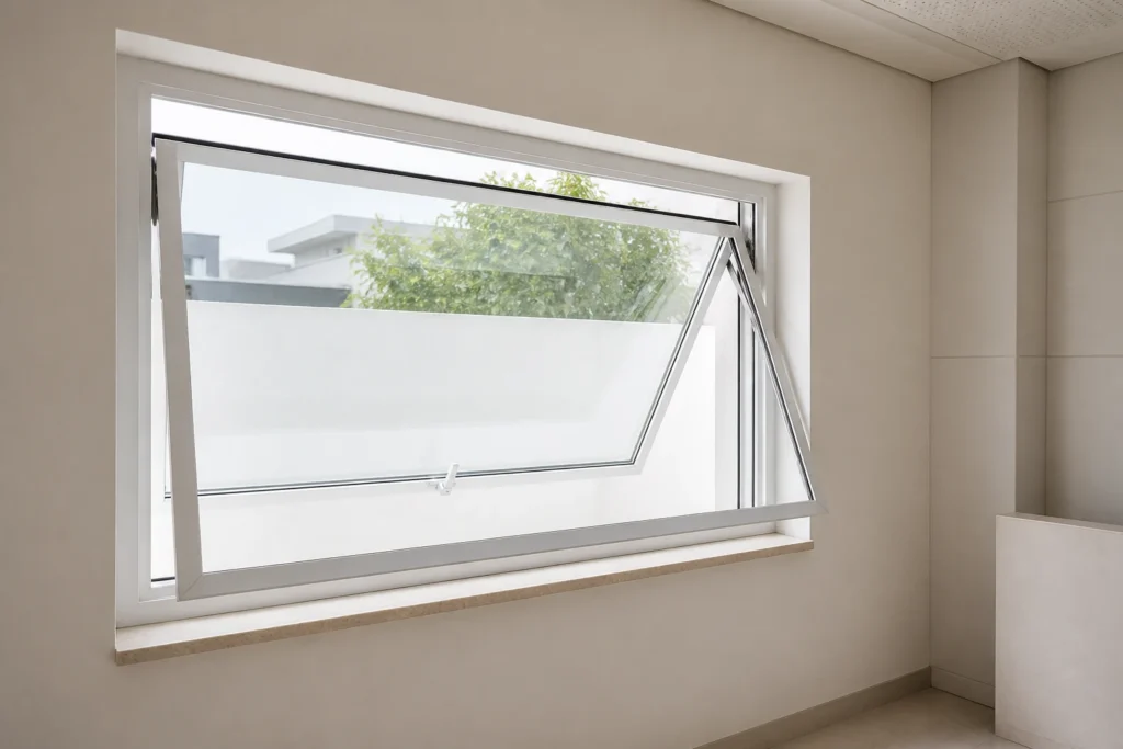 White RGNL-60 style thermal-break aluminum awning casement window installed in a finished inspection room