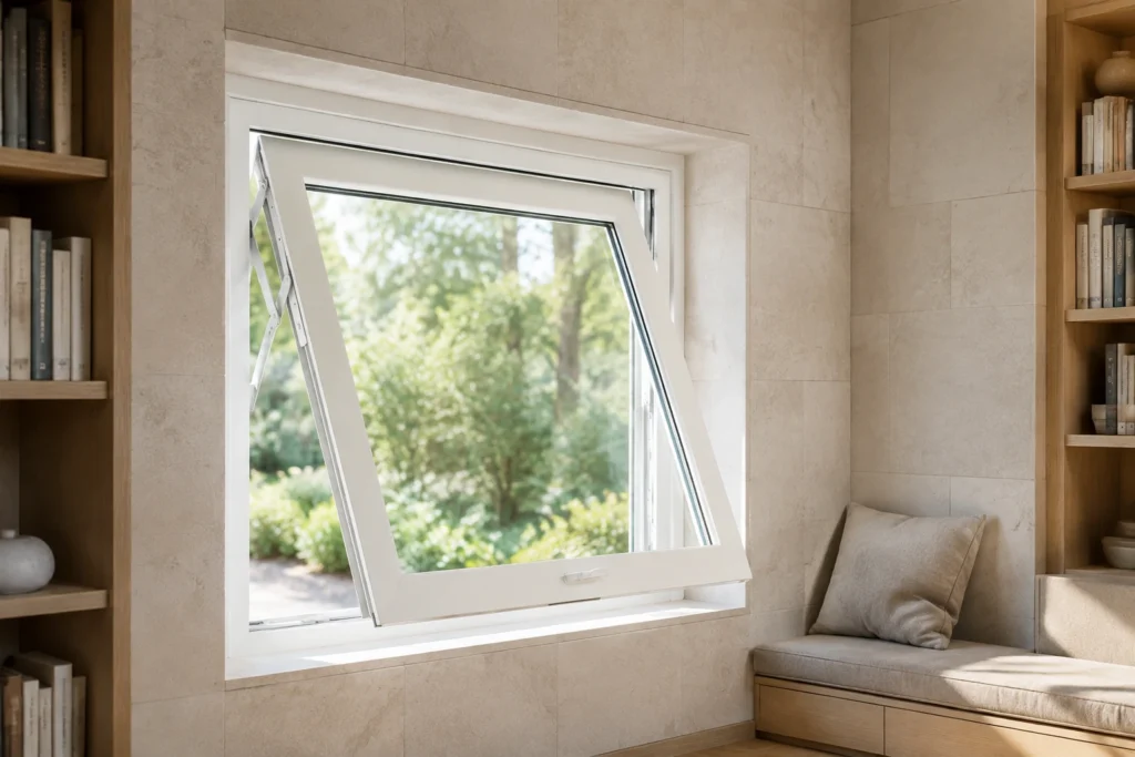 White RGNL-60 style thermal-break aluminum awning casement window open in a quiet library reading alcove