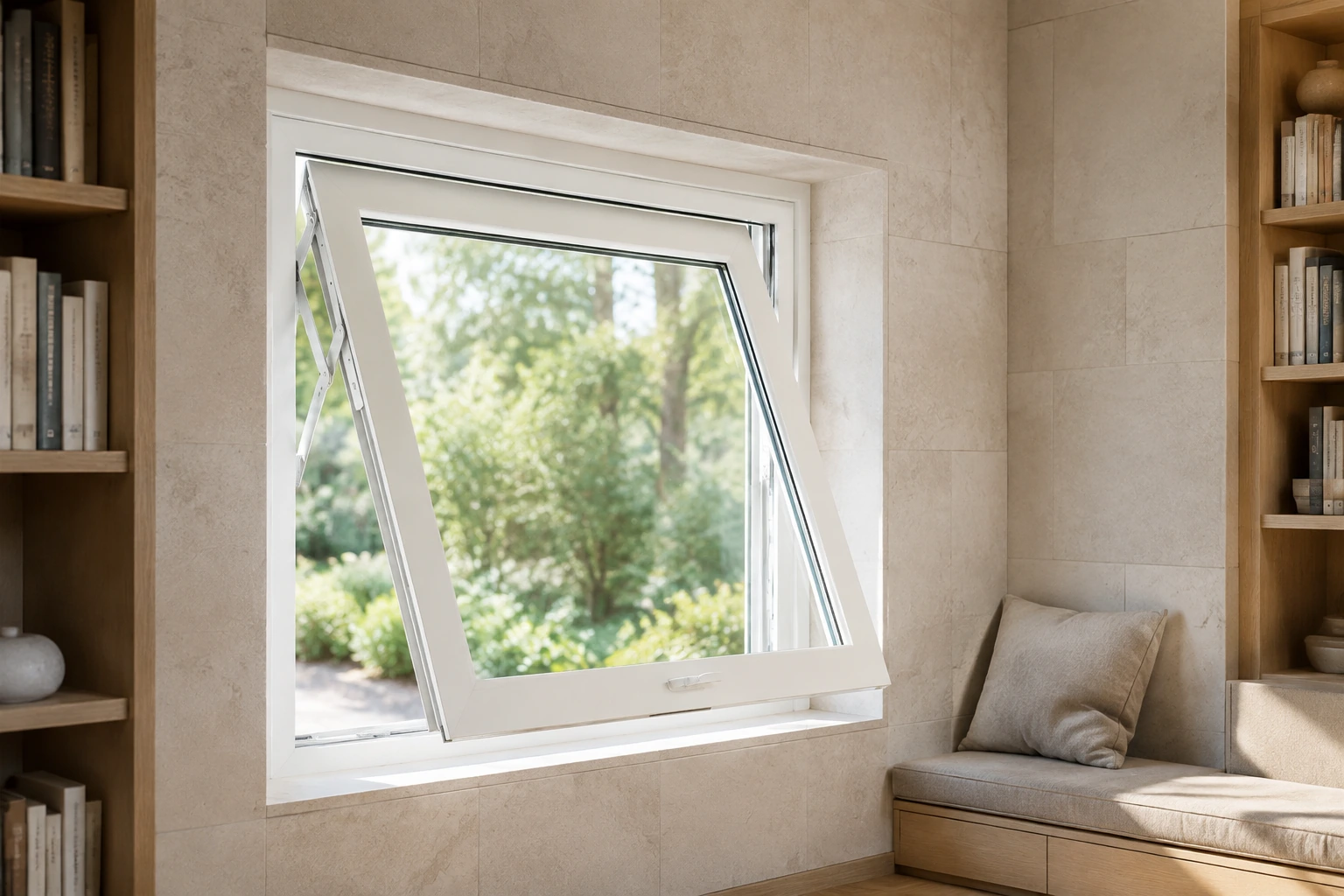 RGNL-60 White Casement Window Approval Scene White RGNL-60 style thermal-break aluminum awning casement window open in a quiet library reading alcove