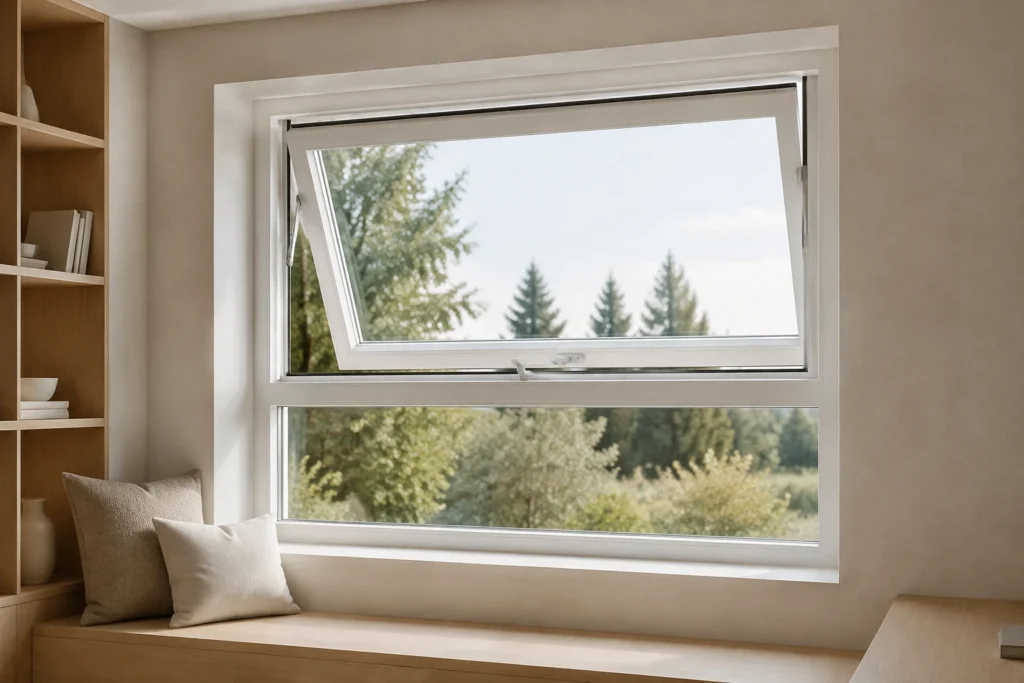 White RGNL-60 style thermal-break aluminum awning casement window open in an architectural mock-up studio