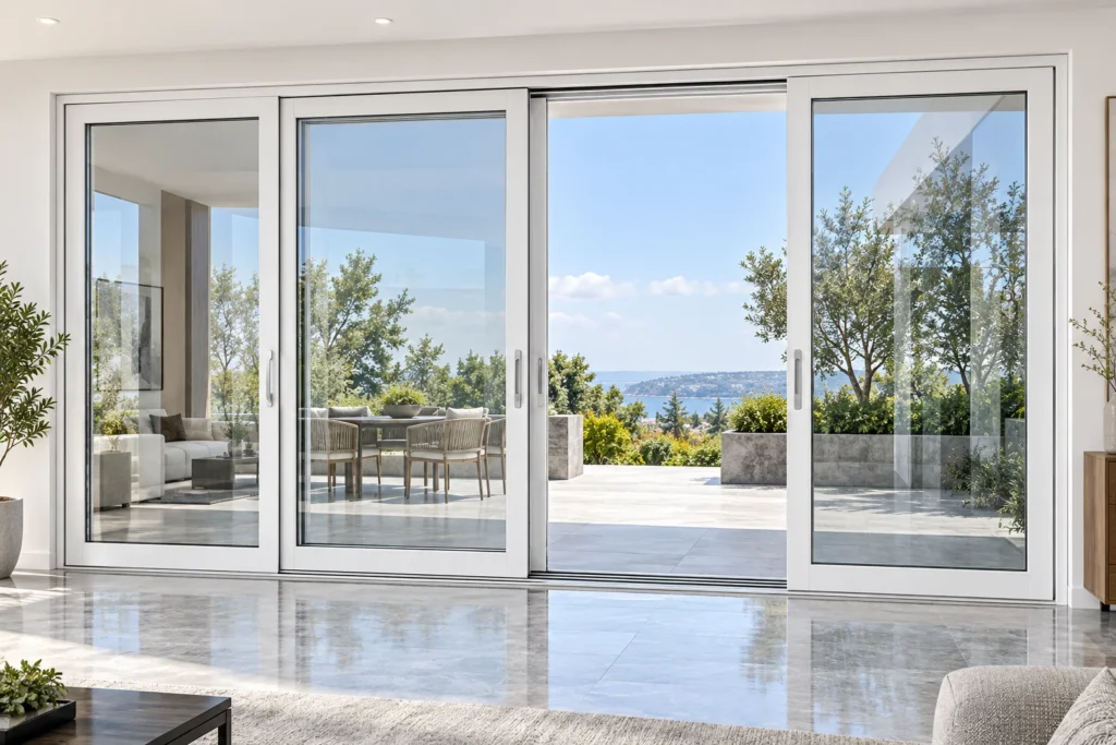 White RGNL-80-style heavy lift door with visible floor tracks, illustrative application scene