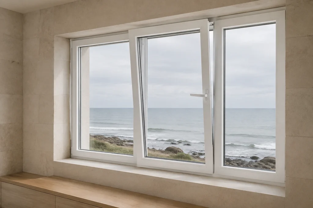 Illustrative application scene of a white RGNL-85 sliding-and-tilt window in a coastal observation room