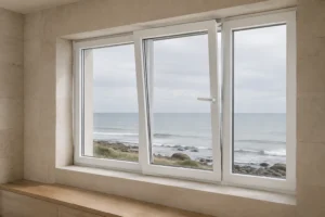 Illustrative application scene of a white RGNL-85 sliding-and-tilt window in a coastal observation room