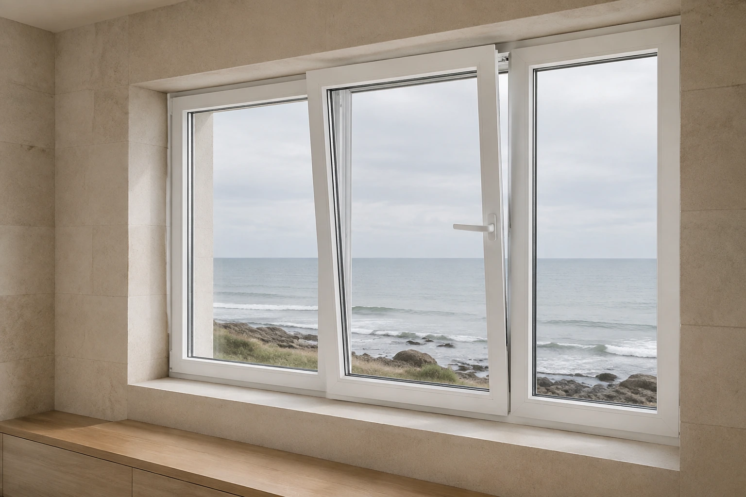 RGNL-85 White Sliding-and-Tilt Window Illustrative Scene Illustrative application scene of a white RGNL-85 sliding-and-tilt window in a coastal observation room