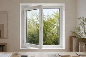 White RGNL-93-style aluminum inward-opening casement window in an illustrative design studio scene