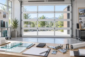 White automatic glazed sectional garage door with quotation samples in an illustrative application scene