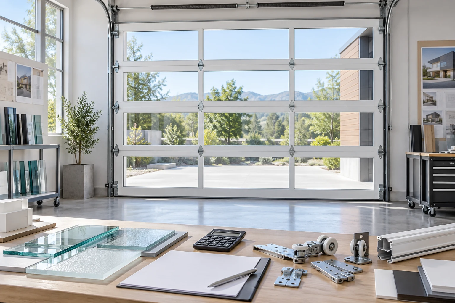 White Automatic Garage Door Quote Planning Illustrative Scene White automatic glazed sectional garage door with quotation samples in an illustrative application scene