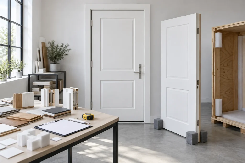 White composite wooden entry door with finish samples and blank shipment records in an illustrative application scene
