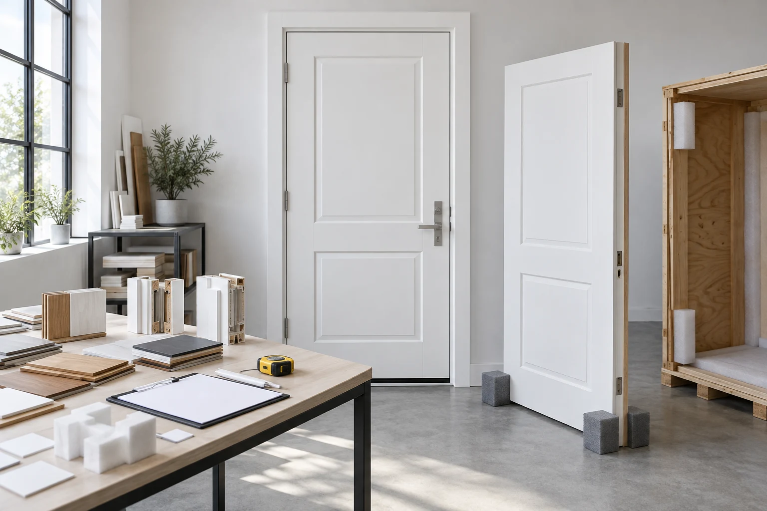 RGNL White Composite Wooden Door Import Review Illustrative Scene White composite wooden entry door with finish samples and blank shipment records in an illustrative application scene