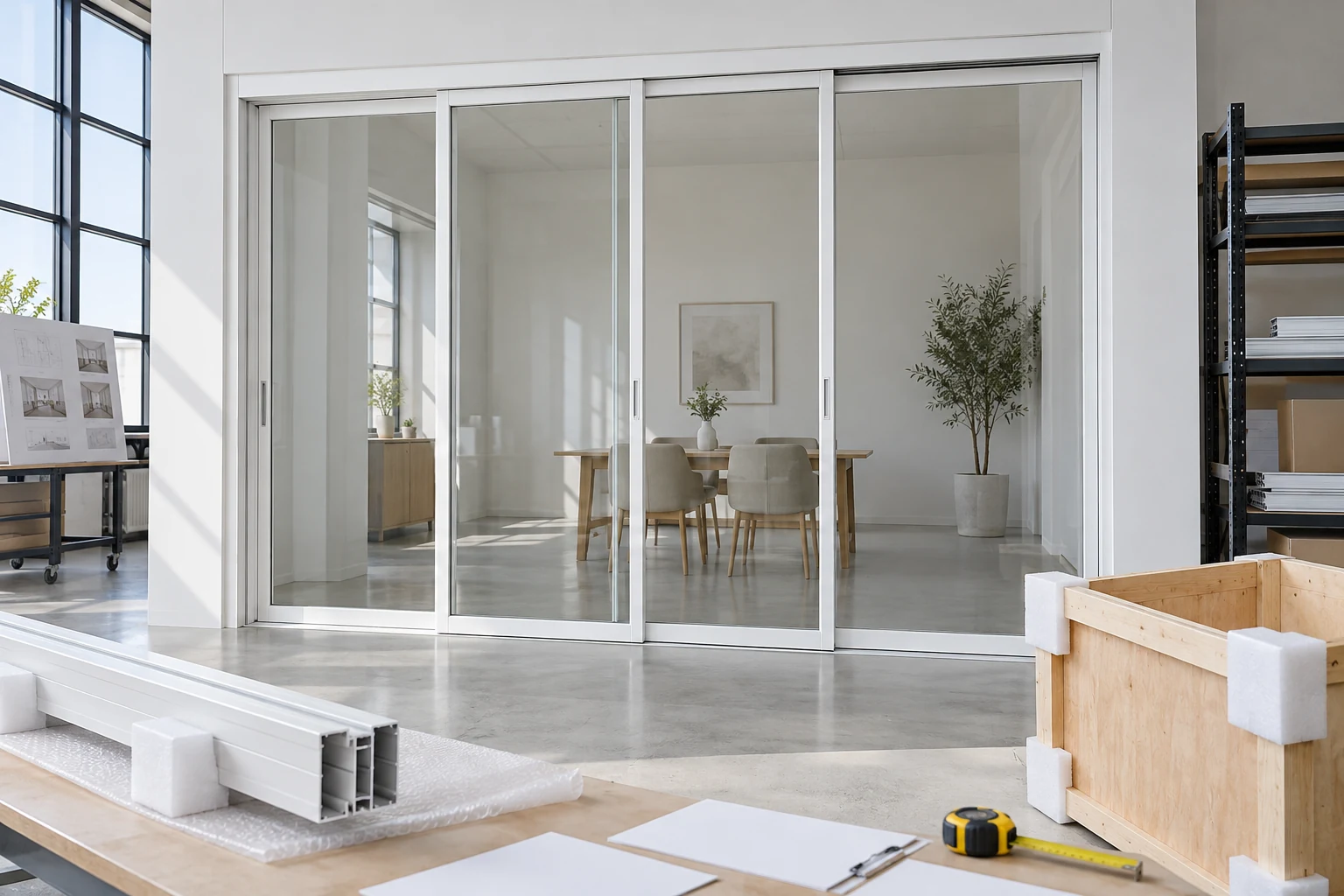 White Hanging Sliding Door Import Review Illustrative Scene White hanging sliding glass door with protected profile and blank shipment records in an illustrative application scene