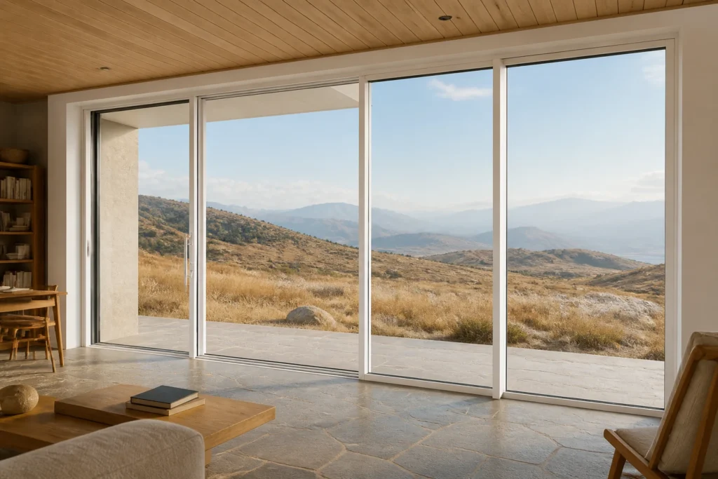 White RGNL-style aluminum lift-and-slide door in a highland reading pavilion, illustrative application scene