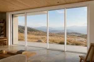White RGNL-style aluminum lift-and-slide door in a highland reading pavilion, illustrative application scene