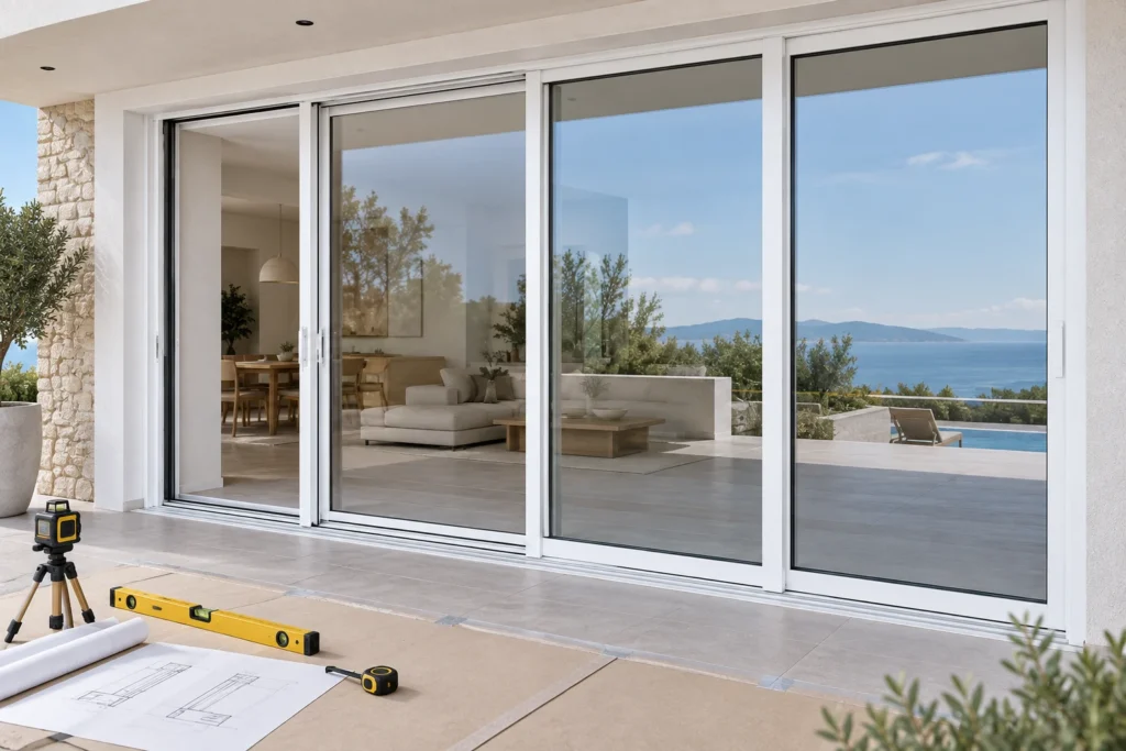 White RGNL-style aluminum lift-and-slide door with levels and blank drawings, illustrative application scene