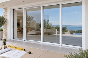 White RGNL-style aluminum lift-and-slide door with levels and blank drawings, illustrative application scene