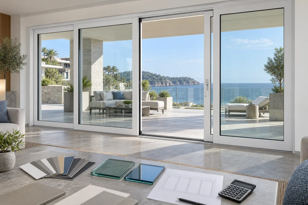 White RGNL-style aluminum lift-and-slide door with finish and glass samples, illustrative application scene