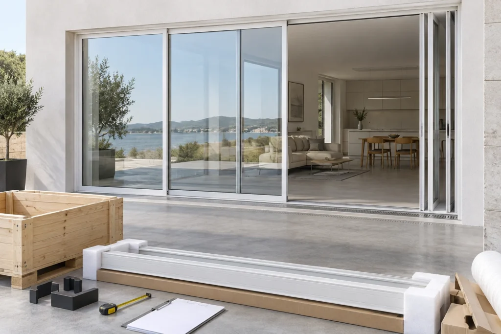 White panoramic sliding glass door with protected track and blank shipment records in an illustrative application scene
