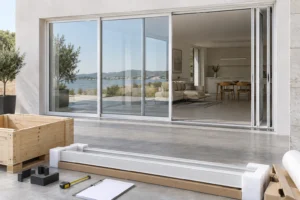 White panoramic sliding glass door with protected track and blank shipment records in an illustrative application scene