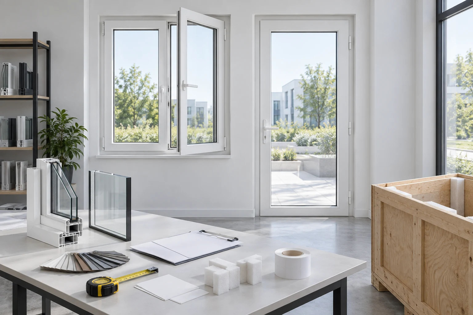 RGNL White UPVC Windows and Doors Import Review Illustrative Scene White UPVC casement window and glazed swing door with blank import records in an illustrative application scene