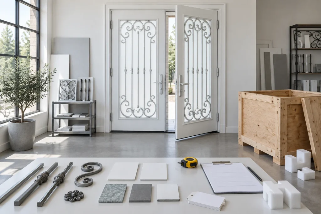 White wrought iron double entry door with metal samples and blank shipment records in an illustrative application scene