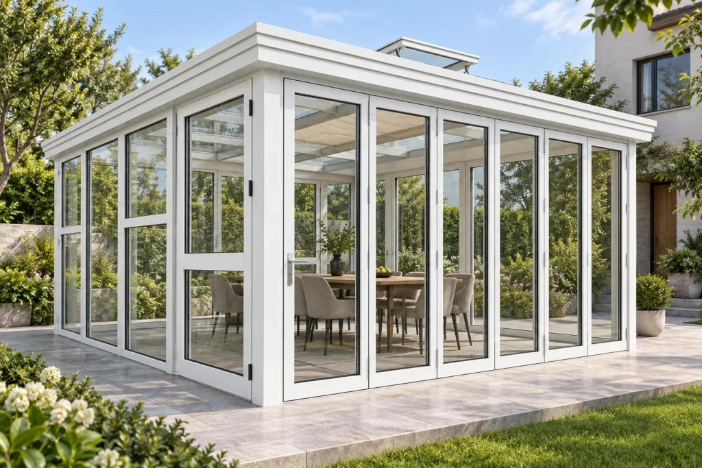 White aluminum sunroom with glazed folding doors, a raised roof skylight and a roof blind in a garden