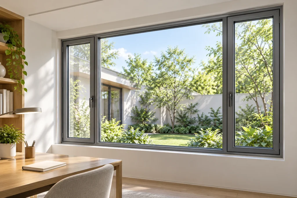 Gray aluminum casement window assembly with closed side sashes and central glazing in an illustrative courtyard-facing home study