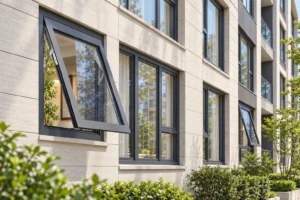 Gray aluminum awning casement windows repeated across an illustrative apartment facade