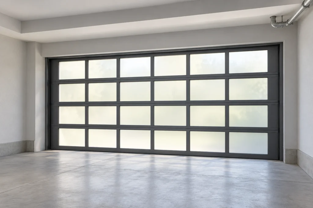 Gray glazed sectional garage door with visible interior header, side returns and ceiling beam for survey planning