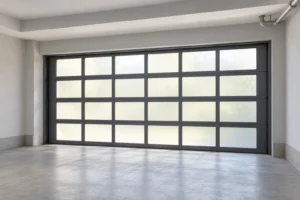 Gray glazed sectional garage door with visible interior header, side returns and ceiling beam for survey planning