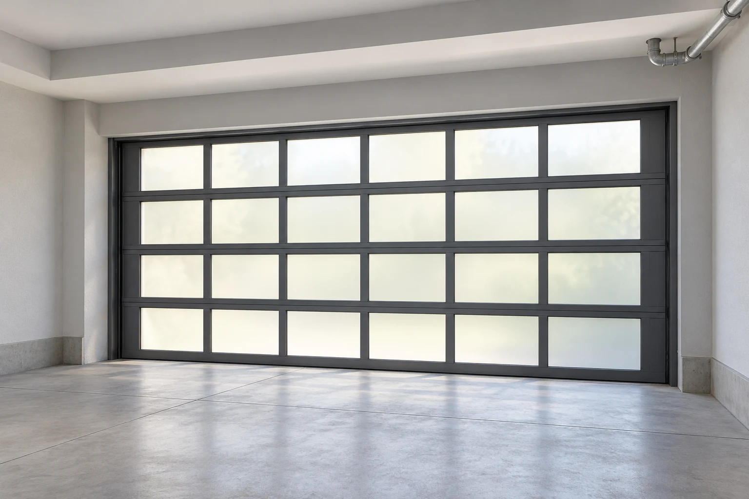 Gray glazed sectional garage door with visible interior header, side returns and ceiling beam for survey planning