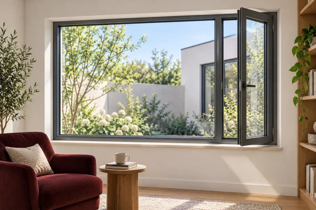 Gray aluminum casement window with a fixed glazed light and an open side sash in an illustrative courtyard-facing reading room